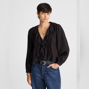NWT! Madewell - Lace-Insert Ruffled Pintuck Long-Sleeve Top - Black - Size XXL